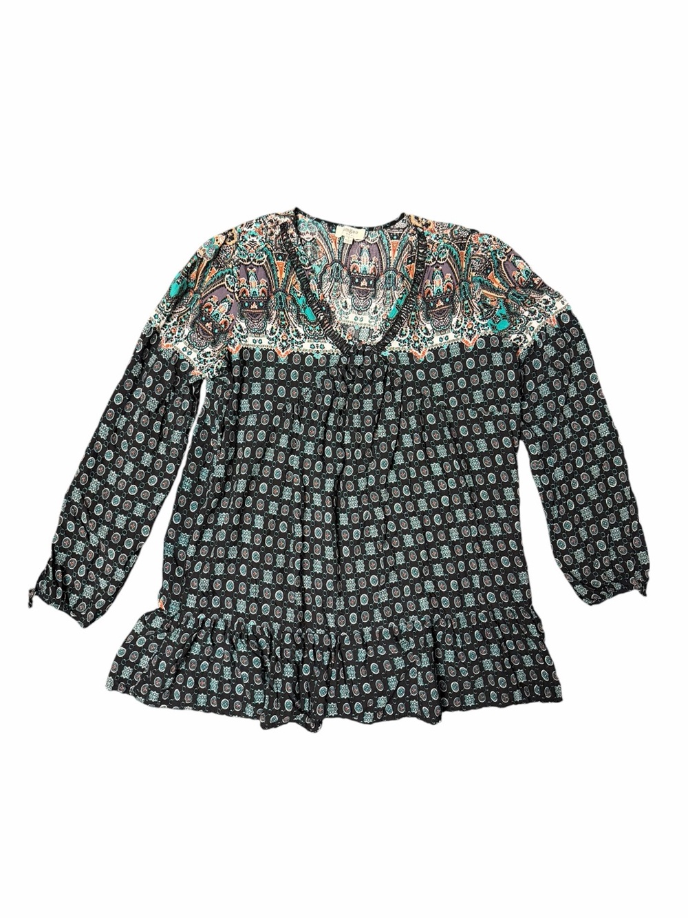 Umgee Boho Paisley Peasant Tunic Top Large Black Teal Ruffle Hem - Picture 2 of 9